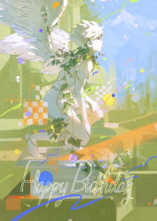 Rule 34 | 1boy, abstract background, alternate hair color, angel wings, balabling, barefoot, closed mouth, feathered wings, flower, haikyuu!!, happy birthday, highres, hinata shouyou, looking afar, on one knee, plant, shirt, short hair, short sleeves, shorts, solo, vines, white hair, white shirt, white shorts, wings