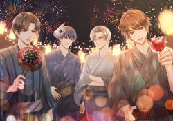 Rule 34 | 4boys, :d, absurdres, artem wing (tears of themis), blue eyes, blue kimono, brown eyes, brown hair, brown kimono, candy apple, closed mouth, crossed arms, dog tags, fireworks, food, forehead, fox mask, glasses, grey kimono, hand fan, highres, holding, holding fan, holding food, japanese clothes, jewelry, key, kimono, lantern, long sleeves, looking at viewer, luke pearce (tears of themis), marius von hagen (tears of themis), mask, multiple boys, necklace, night, night sky, open mouth, outdoors, purple kimono, short hair, sky, smile, tears of themis, touming tomei, vyn richter (tears of themis), white hair, yellow eyes, yukata