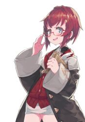 Rule 34 | 1girl, ange katrina, ange katrina (1st costume), black coat, blue eyes, blush, book, cardigan, coat, glasses, highres, holding, holding book, long sleeves, looking at viewer, nijisanji, quill, red-framed eyewear, red cardigan, red hair, shimazaki1152, short hair, simple background, solo, teeth, upper teeth only, virtual youtuber, white background, wide sleeves
