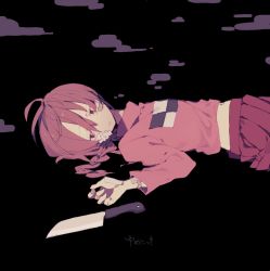 Rule 34 | 1girl, bandages, bandaid, bandaid on arm, bandaid on cheek, bandaid on face, black background, braid, brown hair, commentary request, higa423, highres, knife, long hair, madotsuki, pink shirt, shirt, solo, sweater, twin braids, twintails, yume nikki