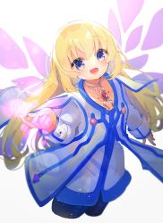 Rule 34 | 1girl, blonde hair, blue eyes, choker, colette brunel, collarbone, dress, jewelry, long hair, looking at viewer, open mouth, pantyhose, simple background, skirt, smile, solo, tales of (series), tales of symphonia, white background, wings, yun (dust-i1)