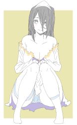 Rule 34 | 1girl, bad id, bad twitter id, bare shoulders, black hair, blue panties, breasts, cleavage, closed mouth, colored skin, donguri suzume, dress, full body, ghost, hair between eyes, hair over one eye, highres, knees together feet apart, long hair, long sleeves, looking at viewer, no shoes, panties, simple background, single sock, single thighhigh, sitting, socks, solo, striped clothes, striped panties, thighhighs, underwear, white dress, white skin, white socks, yellow background