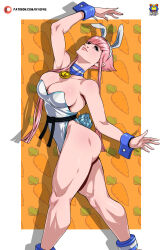 Rule 34 | 1girl, absurdres, animal ears, ass, belt, big calves, black belt, blue eyes, breasts, capcom, choker, cleavage, detached collar, fake animal ears, highres, hime cut, kyoffie, large breasts, leotard, manon legrand, martial arts belt, muscle calves, muscular, muscular female, pink hair, playboy bunny, rabbit ears, short hair, sidelocks, solo, strapless, strapless leotard, street fighter, street fighter 6, white leotard