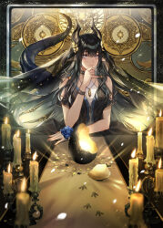 Rule 34 | 1girl, bare shoulders, black dress, black hair, blue flower, blue rose, blurry, blurry foreground, candle, cracked egg, dialugia, dragon girl, dragon horns, dragon tail, dress, egg, eu (euspia), flower, footprints, grey eyes, hair between eyes, hand on own chin, highres, horns, jewelry, korean commentary, long hair, looking at viewer, mature female, necklace, novel illustration, official art, pointy ears, regressor&#039;s instruction manual, rose, sleeveless, sleeveless dress, solo, table, tail, tearing up