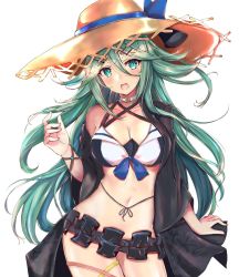 Rule 34 | 1girl, alternate breast size, aqua eyes, aqua hair, bikini, blush, bow, bow bra, bra, breasts, choker, cleavage, eriyama e, frills, hat, highres, kantai collection, large breasts, long hair, looking at viewer, navel, open mouth, solo, straw hat, swimsuit, underwear, yamakaze (kancolle)