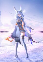 Rule 34 | 1girl, absurdres, animal ears, arknights, black thighhighs, blush, boots, breath, bright pupils, cape, closed mouth, commentary, day, dress, elbow gloves, frostnova (arknights), full body, furaide, gloves, grey dress, grey eyes, grey footwear, grey gloves, hair ornament, hair over one eye, hairclip, hand up, highres, hood, hood down, hooded cape, horizon, light particles, long hair, one eye covered, outdoors, rabbit ears, rabbit girl, short dress, smile, solo, standing, strap, thigh boots, thighhighs, torn cape, torn clothes, water, white cape, white hair, white pupils