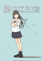 Rule 34 | 1girl, black footwear, blunt bangs, bow, bowtie, brown hair, closed mouth, cold, commentary, crossed arms, edo nishiki, feathers, full body, grey skirt, grey socks, highres, legs together, loafers, long hair, looking to the side, miniskirt, original, pleated skirt, red bow, red bowtie, sailor collar, school uniform, serafuku, shirt, shoes, short sleeves, skirt, socks, solo, standing, straight hair, summer uniform, white sailor collar, white shirt, wind, yellow eyes