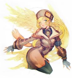 Rule 34 | 1girl, black pantyhose, blonde hair, blue eyes, commentary request, fingerless gloves, fur hat, gloves, guilty gear, guilty gear strive, hair wings, hat, highres, long sleeves, millia rage, pantyhose, scarf, solo, ushanka, white background, wings, yohane shimizu