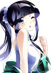 Rule 34 | 1girl, alternate hairstyle, bad id, bad pixiv id, bare shoulders, black hair, blue eyes, blunt bangs, blush, breasts, clenched hand, collared dress, collared shirt, dress, first high school uniform, from side, hair ornament, hair scrunchie, long hair, looking at viewer, looking to the side, mahouka koukou no rettousei, manatsu natsuka, medium breasts, necktie, off shoulder, one eye closed, open mouth, ponytail, school uniform, scrunchie, shiba miyuki, shirt, sidelocks, simple background, smile, solo, upper body, white background, white scrunchie, white shirt