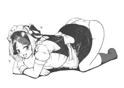 Rule 34 | 1girl, all fours, ass, black socks, blush, breasts, buttons, dress, fangs, full body, greyscale, hair ornament, hairclip, hanging breasts, heart, highres, himajin noizu, horns, kijin seija, large breasts, maid, maid headdress, monochrome, naughty face, puffy short sleeves, puffy sleeves, ribbon, short sleeves, simple background, skirt, skirt set, socks, solo, tongue, tongue out, top-down bottom-up, touhou, white background, wrist cuffs