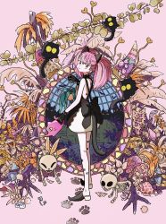 Rule 34 | 1girl, back bow, black bow, black cat, black footwear, black gloves, bow, cat, cat tail, flower, from side, gloves, highres, holding, holding watering can, leaf, looking at viewer, mokeo, mushroom, original, paw print, pink background, pink eyes, pink flower, pink hair, plant, shoes, skeleton, solo, tail, twintails, watering can