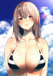 Rule 34 | 1girl, bikini, blue sky, breasts, brown eyes, brown hair, cleavage, closed mouth, cloud, collarbone, day, highres, large breasts, lens flare, medium hair, original, outdoors, shiabisu, sidelocks, sky, smile, solo, striped bikini, striped clothes, sweat, swimsuit, upper body, wet, wet hair
