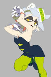 Rule 34 | :o, ankle boots, armpits, arms up, black dress, black footwear, boots, brekkist, detached collar, domino mask, dress, earrings, eyebrows, food, gloves, green legwear, grey background, grey hair, hair ornament, half-closed eyes, highres, jewelry, knees up, looking at viewer, marie (splatoon), mask, nintendo, object on head, open mouth, pointy ears, short dress, short eyebrows, short hair, simple background, sleeveless, splatoon (series), standing, sushi, tentacle hair, white gloves, yellow eyes