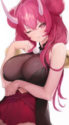Rule 34 | 1girl, bare shoulders, bell, blush, breasts, commission, cyobiro, double bun, hair between eyes, hair bun, halter shirt, halterneck, hand up, highres, horns, jingle bell, large breasts, long hair, looking at viewer, one eye closed, oni horns, original, pink eyes, pink hair, red skirt, skeb commission, skirt, smile, solo, white background