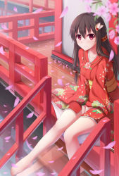 Rule 34 | 1girl, bare legs, barefoot, cherry blossoms, feet, hair between eyes, hair ornament, highres, japanese clothes, kimono, long hair, long sleeves, looking at viewer, nicoby, obi, original, outdoors, petals, sash, shrine, sitting, smile, solo, toes, v arms