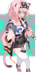 Rule 34 | 1girl, absurdres, animal ears, arknights, braid, breasts, cat ears, cat girl, cat tail, choker, garter straps, goldenglow (arknights), hairband, highres, jacket, long hair, open mouth, pink hair, signal 1120, skirt, solo, tail, tears, teeth, thighhighs, white thighhighs, yellow eyes