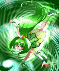 Rule 34 | 10s, 1girl, bike shorts, bike shorts under skirt, boots, bow, bowtie, brooch, choker, cure march, dress, green background, green dress, green eyes, green hair, green theme, jewelry, long hair, magical girl, matching hair/eyes, midorikawa nao, ponytail, precure, serious, shoes, shorts, shorts under skirt, skirt, smile precure!, solo, takebi, tri tails, wrist cuffs
