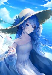 Rule 34 | 1girl, absurdres, bare shoulders, beach, blue eyes, blue hair, blue sky, building, cloud, cloudy sky, collarbone, cup, dress, earrings, food, glass, hat, highres, holding, holding cup, holding food, hololive, hoshimachi suisei, jewelry, long hair, looking at viewer, mitt280204, mountain, outdoors, sand, shaved ice, sky, smile, solo, strap slip, straw hat, sun hat, sun hat ornament, sundress, virtual youtuber, water, waves, white dress