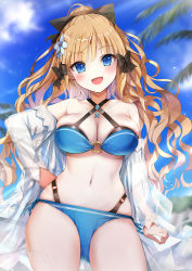 Rule 34 | 1girl, blonde hair, blue eyes, blush, breasts, elf, highres, large breasts, long hair, looking at viewer, natsushima memo, open mouth, pointy ears, princess connect!, saren (princess connect!), swimsuit