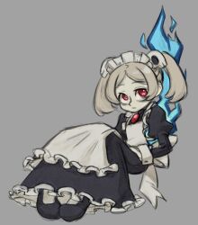 Rule 34 | 1girl, apron, bags under eyes, bloody marie (skullgirls), brooch, dress, energy, fire, frilled apron, frilled dress, frills, full body, grey background, grey hair, hair ornament, highres, jewelry, looking up, madamerinrin, maid headdress, mary janes, pantyhose, red eyes, shoes, sitting, sketch, skull hair ornament, skullgirls, solo, twintails