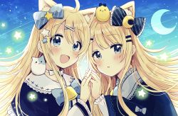 Rule 34 | 2girls, :d, ahoge, animal, animal ear fluff, animal ears, bell, bird, blonde hair, blue bow, blue capelet, blue eyes, blue sky, blush, bow, capelet, cat, cat ears, chick, cloud, commentary, crescent, crescent moon, day, diagonal stripes, fingernails, frilled capelet, frilled sleeves, frills, hair between eyes, hair bow, hand up, head tilt, highres, interlocked fingers, long hair, long sleeves, moon, multiple girls, on head, on shoulder, open mouth, original, outdoors, parted lips, sakura oriko, sky, smile, star (symbol), striped, striped bow, very long hair