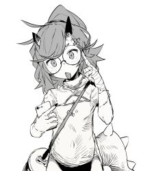 Rule 34 | 1girl, :p, adjusting eyewear, bag, bandages, bandaged arm, bandages, breasts, cellphone, cleavage cutout, clothing cutout, covered navel, ddari, fingernails, glasses, greyscale, hair ornament, hairclip, hand up, head tilt, highres, holding, holding phone, horns, jewelry, lizard girl (darii), lizard tail, looking at viewer, monochrome, nail polish, original, phone, ponytail, ring, round eyewear, shoulder bag, simple background, small breasts, smartphone, solo, spiked tail, tail, tongue, tongue out, white background