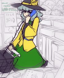 Rule 34 | 1girl, bow, green eyes, green hair, green skirt, hat, hat bow, hater (hatater), holding, holding phone, komeiji koishi, long sleeves, phone, shirt, shopping cart, skirt, solo, touhou, wide sleeves, yellow bow, yellow shirt