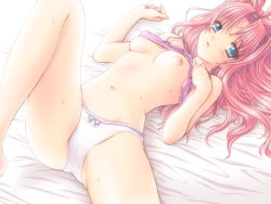 Rule 34 | 1girl, bed, blue eyes, blush, breasts, camisole, clothes lift, covered erect nipples, kuroda akimi, lingerie, long hair, lying, nipples, panties, pink hair, ribbon, shirt lift, small breasts, solo, spread legs, sweat, underboob, underwear, underwear only, white panties