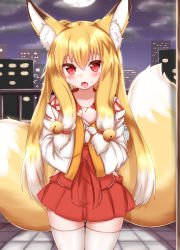 Rule 34 | 1girl, animal ear fluff, animal ears, bell, blush, brown hair, collarbone, fang, fox ears, fox girl, fox tail, hair bell, hair ornament, highres, horokusa (korai), japanese clothes, long hair, looking at viewer, miko, multicolored hair, open mouth, original, red eyes, solo, tail, thighhighs, white hair, white thighhighs