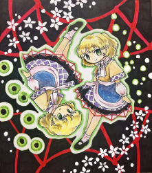 Rule 34 | 1girl, 2girls, absurdres, arm warmers, black footwear, blonde hair, blue skirt, closed mouth, commentary, danmaku, dual persona, full body, green eyes, highres, layered skirt, looking at viewer, marker (medium), mary janes, matsumoto oka, mizuhashi parsee, multiple girls, pointy ears, purple skirt, rotational symmetry, scarf, shirt, shoes, short hair, short sleeves, skirt, smile, socks, solo, touhou, traditional media, white scarf, white socks, yellow shirt