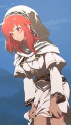 Rule 34 | 1girl, ahonoko, blue sky, commentary request, dress, fire emblem, fire emblem: mystery of the emblem, grass, highres, hood, hood up, hooded dress, jewelry, lena (fire emblem), long sleeves, looking to the side, medium hair, necklace, nintendo, red eyes, red hair, sky, solo, white dress