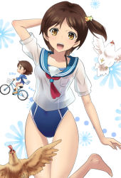Rule 34 | 10s, 1girl, :d, arm behind head, barefoot, bicycle, bird, brown eyes, brown hair, chicken, competition school swimsuit, fukami hina, glasslip, goggles, goggles around neck, highleg, highleg swimsuit, ishizu kayu, no pants, one-piece swimsuit, open mouth, school swimsuit, school uniform, serafuku, short hair, side ponytail, smile, swimsuit, swimsuit under clothes