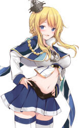 Rule 34 | 1girl, aiguillette, anchor, azur lane, blonde hair, blue capelet, blue eyes, blue skirt, blush, braid, breasts, capelet, cowboy shot, crop top, crown, french braid, hair between eyes, hands on own hips, headgear, highres, long hair, long sleeves, looking at viewer, medium breasts, mikuchi3939, mini crown, navel, open mouth, pleated skirt, popped collar, renown (azur lane), sidelocks, skirt, smile, solo, thighhighs, union jack, white background