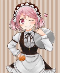 Rule 34 | 10s, 1girl, alternate costume, apron, badge, blush, enmaided, frills, grin, hand on own hip, heart, kantai collection, maid, maid headdress, one eye closed, pink eyes, pink hair, ribbon, sazanami (kancolle), short hair, short twintails, smile, solo, striped, striped background, suzuka (rekkyo), tray, twintails, vertical stripes, waist apron