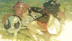 Rule 34 | 1girl, :o, absurdres, black socks, blush, boots, bow, chinese clothes, closed eyes, curled up, detached sleeves, dress, encore (wuthering waves), foot out of frame, hair spread out, highres, jeze, long hair, lying, on grass, on ground, red bow, red hair, sheep, sleeping, sleeves past wrists, socks, solo, sunlight, very long hair, white arm warmers, white dress, white sleeves, wuthering waves