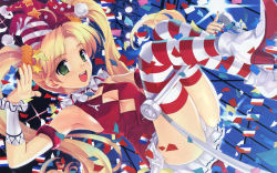 Rule 34 | 1girl, armlet, armpits, blonde hair, boots, breasts, cameltoe, cleavage, cleavage cutout, clothing cutout, confetti, copyright request, flag, french flag, frills, green eyes, hair ornament, hat, high heels, highres, legs, long hair, misaki kurehito, nail polish, open mouth, panties, pantyshot, red nails, small breasts, smile, solo, string, striped clothes, striped thighhighs, thighhighs, trapeze (object), twintails, underwear