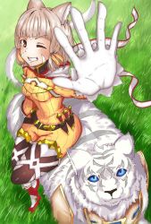 Rule 34 | animal ear fluff, animal ears, belt, blunt bangs, bodysuit, boots, cat ears, combat knife, dromarch (xenoblade), facepaint, fur, gloves, grass, highres, knife, looking at viewer, md5 mismatch, nia (xenoblade), nintendo, one eye closed, red footwear, resolution mismatch, ribbon, silver hair, smile, source larger, weapon, white fur, white gloves, xenoblade chronicles (series), xenoblade chronicles 2, yellow bodysuit, yellow ribbon