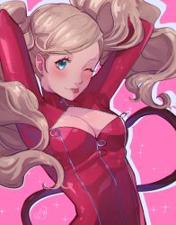 Rule 34 | 1girl, ;p, absurdres, arms behind head, blonde hair, blue eyes, bodysuit, breasts, cleavage, cleavage cutout, clothing cutout, earrings, fake tail, highres, jewelry, kokomi (aniesuakkaman), long hair, looking at viewer, medium breasts, one eye closed, panther tail, persona, persona 5, pink background, red bodysuit, solo, sparkle, stud earrings, swept bangs, tail, takamaki anne, tongue, tongue out, twintails, upper body, zipper