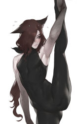Rule 34 | 1boy, animal ears, armpits, brown hair, cowboy shot, hair over one eye, highres, long hair, male focus, nat the lich, no penis, original, reverse newhalf, simple background, skin tight, sleeveless, solo, split, standing, standing on one leg, standing split, white background