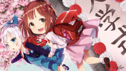 Rule 34 | 2girls, :d, absurdres, backpack, bad id, bad pixiv id, bag, blue dress, blue eyes, brown hair, cherry, cherry blossoms, child, dress, dutch angle, entrance, flower, food, fruit, highres, holding hands, charm (object), long hair, looking at viewer, looking back, multiple girls, open mouth, original, petticoat, pink skirt, pointing, pomu (joynet), ponytail, randoseru, running, short hair, silver hair, skirt, smile, spring (season), two side up