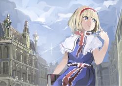 Rule 34 | 1girl, alice margatroid, blonde hair, blue dress, blue eyes, building, capelet, cloud, cloudy sky, day, dress, grimoire of alice, hairband, ichiba youichi, lolita hairband, puppet rings, puppet strings, ring, sash, sky, solo, touhou