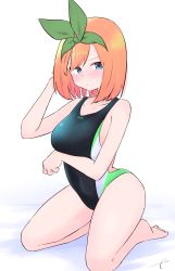 Rule 34 | 1girl, bare arms, bare legs, bare shoulders, barefoot, bed sheet, black one-piece swimsuit, blue eyes, blush, breasts, closed mouth, eyebrows hidden by hair, go-toubun no hanayome, green ribbon, hair ribbon, hand up, highres, kujou karasuma, looking at viewer, medium breasts, nakano yotsuba, one-piece swimsuit, ribbon, seiza, signature, sitting, solo, swimsuit, white background