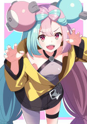 Rule 34 | 1girl, :d, blush, bow-shaped hair, breasts, character hair ornament, claw pose, collarbone, commentary request, creatures (company), eyelashes, game freak, green hair, grey shirt, hair ornament, hands up, iono (pokemon), jacket, long hair, multicolored hair, nintendo, open mouth, pink hair, pokemon, pokemon sv, pon tanuki (ga7fsrge9jxblaw), shirt, single leg pantyhose, sleeveless, sleeveless shirt, small breasts, smile, solo, star (symbol), star print, teeth, thigh strap, tongue, two-tone hair, upper teeth only, yellow jacket