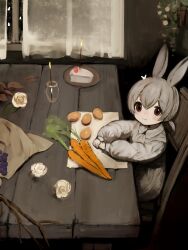Rule 34 | 1girl, animal ears, brown eyes, bug, butterfly, cake, cake slice, carrot, child, closed mouth, cloth, collared dress, commentary, curtains, dress, flower, food, fruit, grapes, grey dress, highres, insect, long sleeves, looking at viewer, medium hair, on chair, original, plant, plate, potato, potted plant, puffy long sleeves, puffy sleeves, rabbit ears, shirokujira, short twintails, sitting, smile, solo, table, twintails, vase, white butterfly, white flower, window, wooden table
