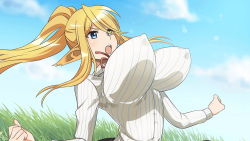 Rule 34 | 1girl, absurdly long hair, animal ears, artist request, blonde hair, blue eyes, bouncing breasts, breasts, centaur, centorea shianus, covered erect nipples, game cg, grass, high ponytail, horse ears, huge breasts, impossible clothes, long hair, monster musume no iru nichijou, monster musume no iru nichijou online, official alternate costume, official art, open mouth, outdoors, pointy ears, shirt, sidelocks, taur, very long hair, white shirt