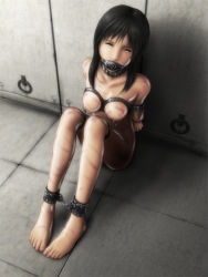 Rule 34 | 1girl, arms behind back, barefoot, bdsm, bondage, bound, box tie, breast harness, breasts, chain, collar, cuffs, dungeon, closed eyes, female focus, gag, gagged, h.s.c c-cake world, harness, leather cuffs, nipple piercing, nipples, nude, original, piercing, plug gag, ring gag, slave, solo, tears, welts, whip marks