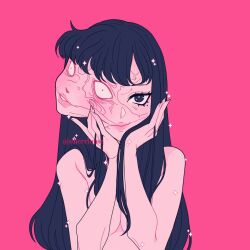 Rule 34 | 1girl, black eyes, black hair, body horror, breasts, cherrionse, closed mouth, extra faces, fusion, horror (theme), kawakami tomie, long hair, looking at viewer, medium breasts, mole, mole under eye, pink background, tomie, upper body