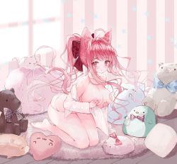 Rule 34 | 1girl, absurdres, ahoge, animal, animal ear fluff, animal ears, arched back, ass, bare legs, bare shoulders, barefoot, blurry, blurry background, blush, bow, breasts, cat, cat ears, cat girl, cat tail, collarbone, commentary request, covering privates, covering breasts, curtains, depth of field, hair bow, hair intakes, heart, highres, kneeling, large breasts, leaning forward, long hair, long sleeves, looking at viewer, no bra, no pants, open clothes, open shirt, original, panties, parted lips, ponytail, red bow, red eyes, red hair, shirt, sidelocks, skindentation, solo, star (symbol), striped, stuffed animal, stuffed cat, stuffed penguin, stuffed toy, tail, tandohark, teddy bear, underwear, vertical stripes, very long hair, white panties, white shirt, window