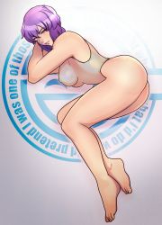 Rule 34 | 1girl, absurdres, ass, barefoot, breasts, covered erect nipples, full body, ghost in the shell, highres, kusanagi motoko, leotard, lying, on side, purple hair, red eyes, see-through, solo, superboin