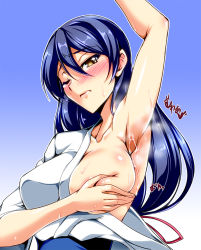 Rule 34 | 10s, 1girl, armpits, blue hair, blush, breast lift, breasts, covering privates, covering breasts, cum, cum on body, cum on upper body, japanese clothes, kanten, large breasts, love live!, love live! school idol project, smell, solo, sonoda umi, sweat, yellow eyes